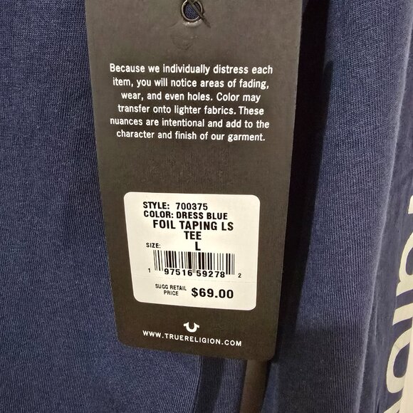 True Religion Men's Foil Taping Long Sleeve T-Shirt Blue Size L New with Tags - Picture 4 of 7